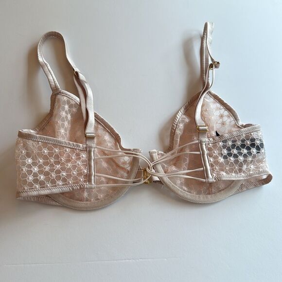 VICTORIA'S SECRET LACE UNDERWIRE BRA CREAM BEIGE OFF-WHITE SIZE 32DD FRONT CLOSE - Picture 2 of 8